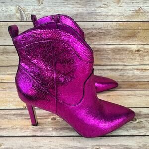 Gianni Bini Womens Metallic Magenta Pink Pointed Toe High Heel Boots 8.5M